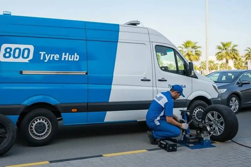 Technician performing mobile flat tyre repair service in Sharjah