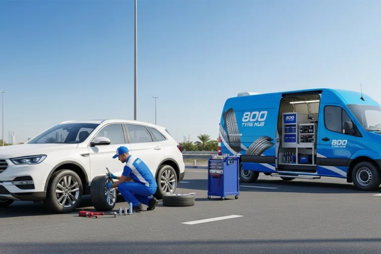 Technician performing mobile flat tyre repair service at the customer’s location