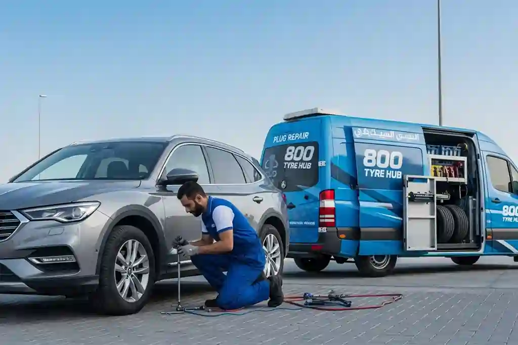 Tyre repair technician fixing a tread area puncture at the customer's home during a tyre repair service