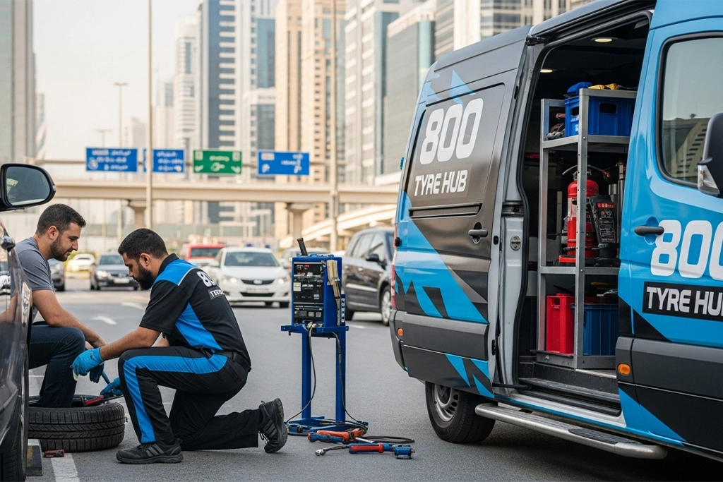 Technician providing 24-hour mobile tyre replacement at the vehicle location