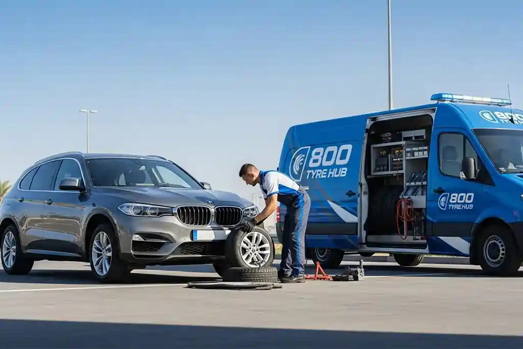 Technician repairing a punctured car tyre on the roadside in Dubai during roadside tyre puncture repair service