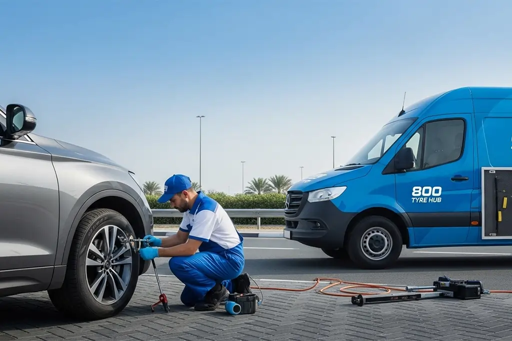 Emergency tyre repair technician performing urgent tyre repair at the roadside during a breakdown
