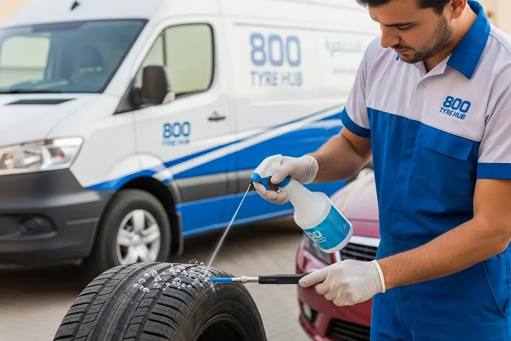Technician applying temporary foam sealant to a punctured car tyre in Ras Al Khaimah during tyre puncture repair