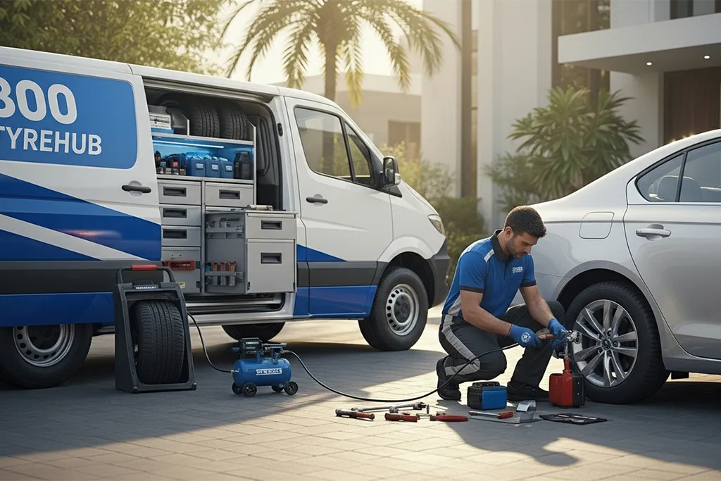 Tyre repair technician providing at-home tyre repair service at the customer's location