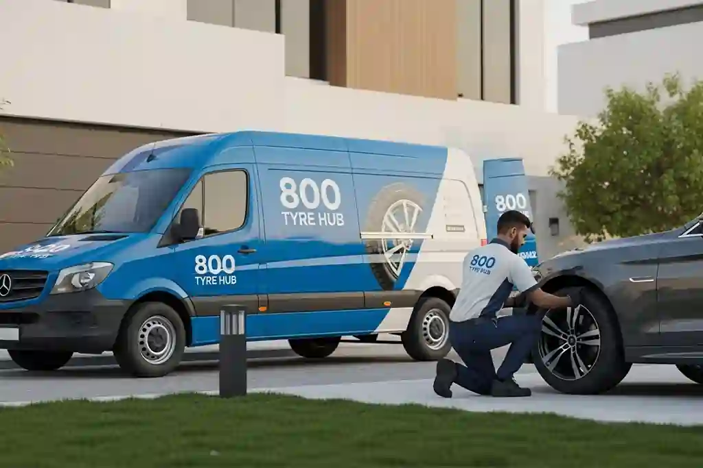 Technician performing 24-hour tyre replacement at a home parking location