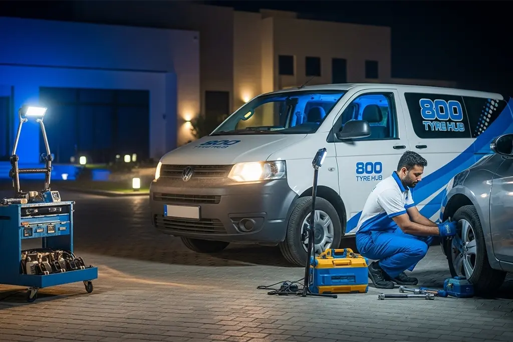 Technician repairing a punctured car tyre at home in Dubai during at-home tyre puncture repair service