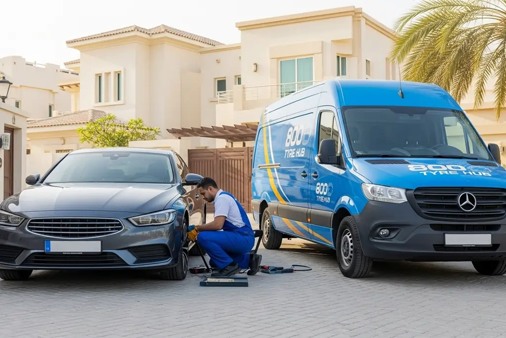 Technician providing at-home tyre repair service in the UAE for a vehicle