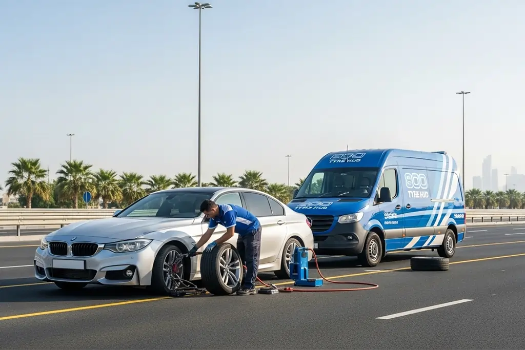 Technician performing emergency tyre replacement for a stranded vehicle