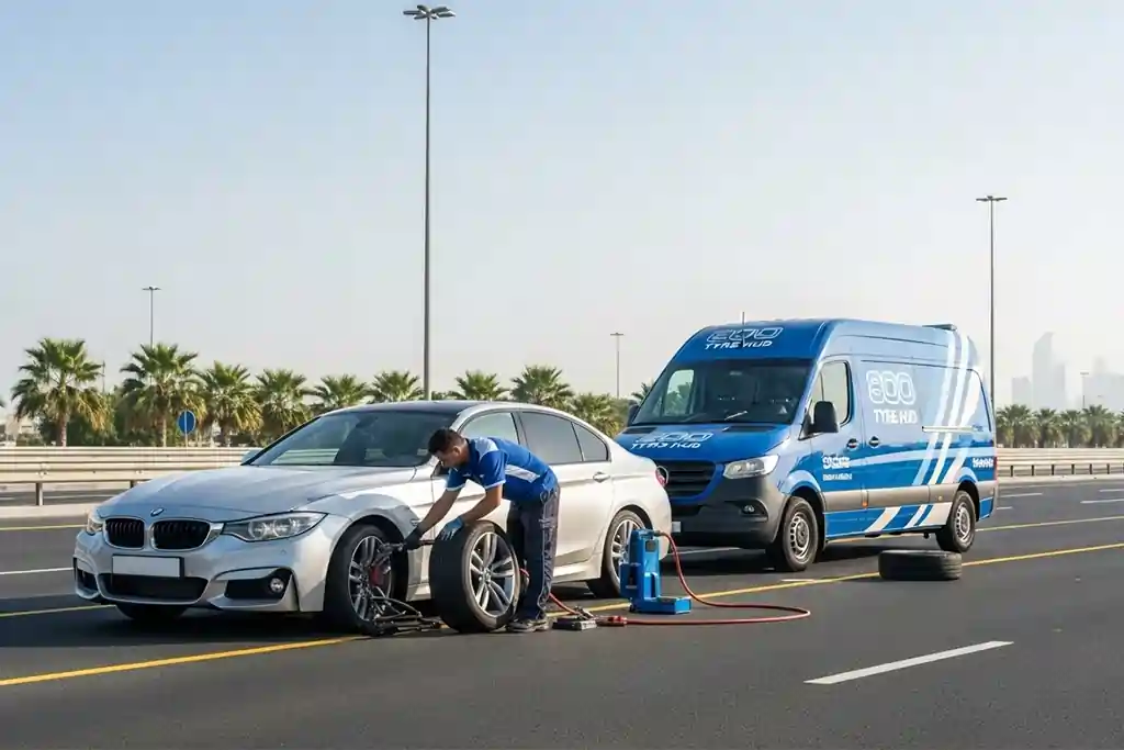 Technician performing emergency flat tyre repair at the roadside location
