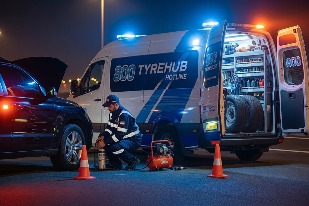 Technician providing emergency tyre replacement for a stranded vehicle