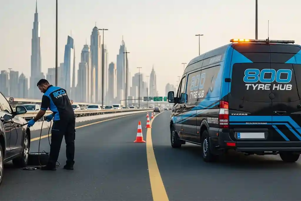 Technician performing emergency flat tyre repair at the roadside
