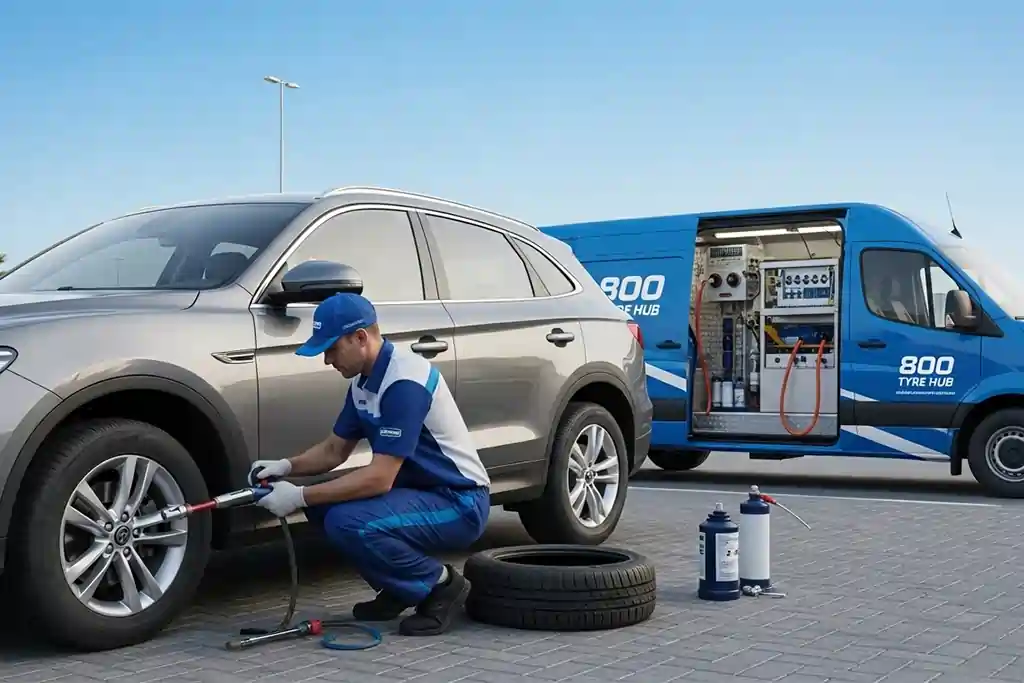 Technician detecting and repairing an emergency slow air leak in a flat tyre